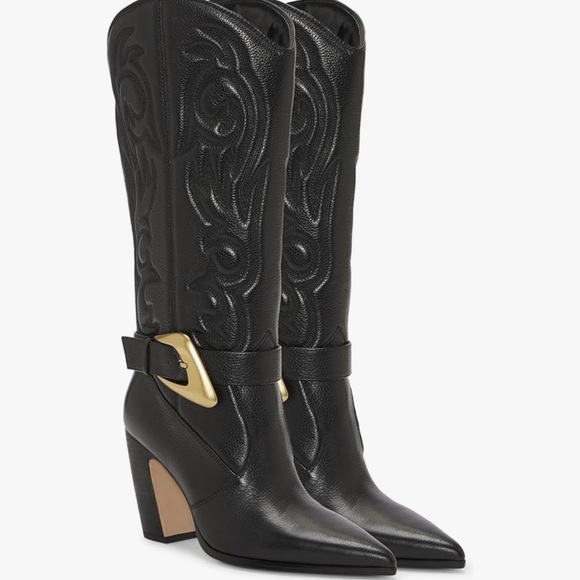 Vince Camuto Shoes - Elegant Black Heeled Boots with Gold Accent